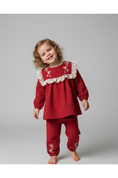 vovido Kırmızı Yakası Nakıslı 2li kız Takım