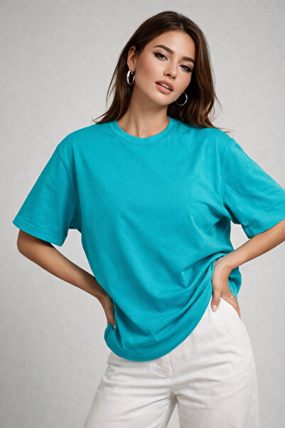 WILD BEE Women's Turquoise Crew Neck Oversized Cotton T-Shirt
