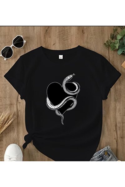 herkesemoda Basic T-Shirt with Heart and Snake Print Detail