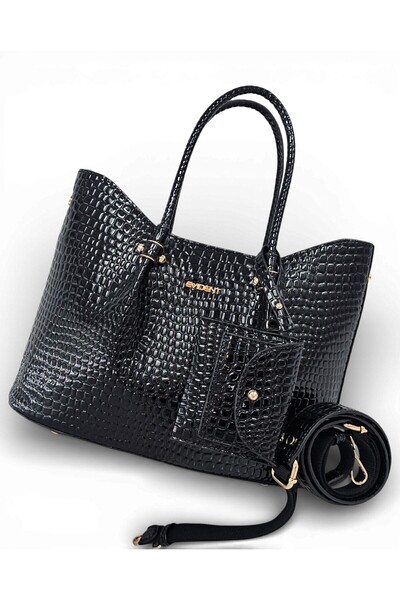 Evident Black Patent Leather Drop Patterned Wallet with Charm and Adjustable ...