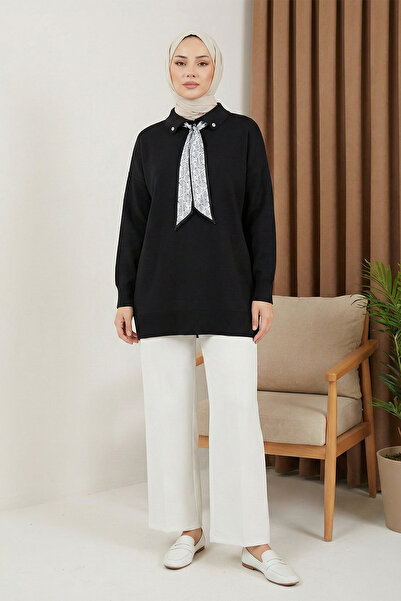 MODAQU Scarf Polo Collar Knitwear Tunic - Black