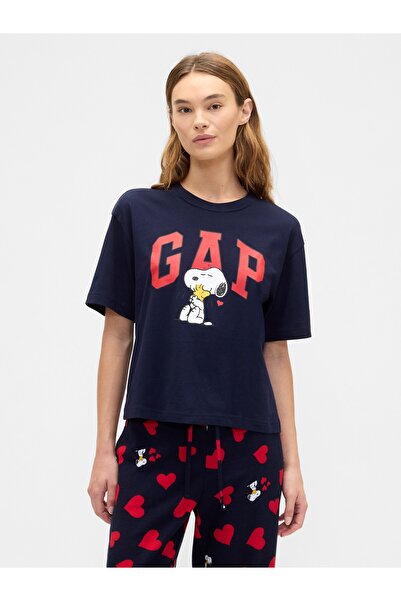 GAP Kadın Lacivert Peanuts Boxy Logo T-Shirt