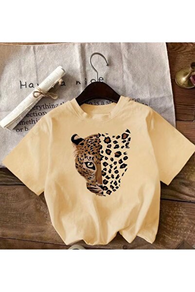 herkesemoda Leopard Tiger Print Detailed Basic T-Shirt