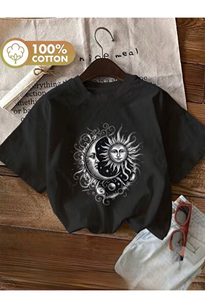herkesemoda Βασικό T-Shirt με λεπτομέρεια εκτύπωσης φεγγαριού και ήλιου