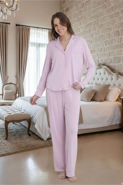 DOFİ Set de pijamale roz pentru femei, cu guler tip cămașă - cu nasturi