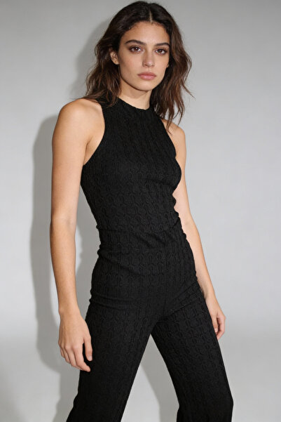 Şiir Tekstil Falena Pure Form Knitwear Jacquard Pants, Black, High Waist, Wid...