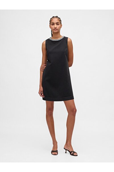 GAP Kadın Siyah Jewel-Neck Mini Shift Elbise
