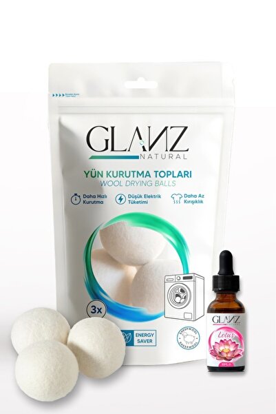 Glanz 3 Adet Yün Keçe Çamaşır Kurutma Topu 7 - 8 CM + 30ml Esans Koku Hediye ...