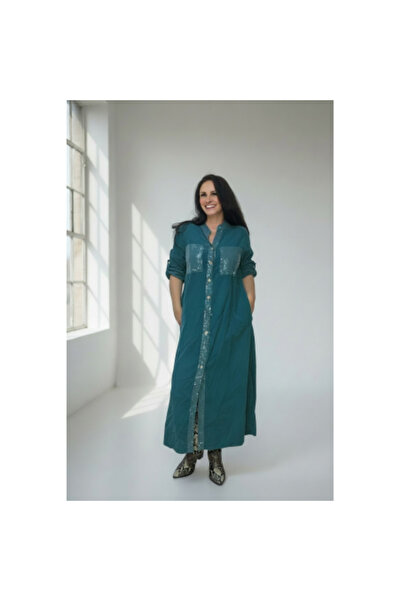 FeteRL Velvet Shirt Dress with Sequins, Turquoise Blue