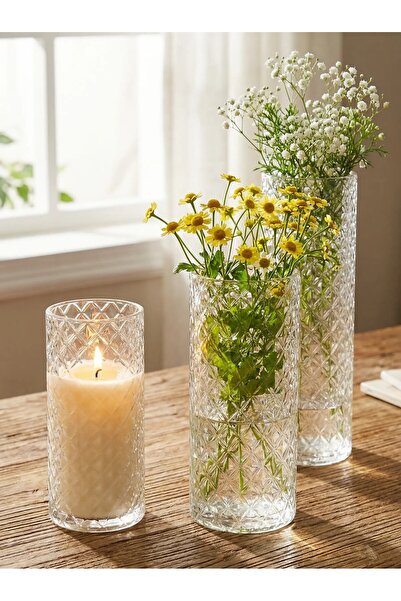 Meyra Cam Crystal Shine: 3-Piece Handcrafted Cylinder Glass Vase Set (20-25-3...