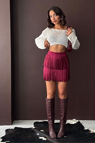 CKM MODA Rivela Tasseled Scuba Suede Skirt Burgundy