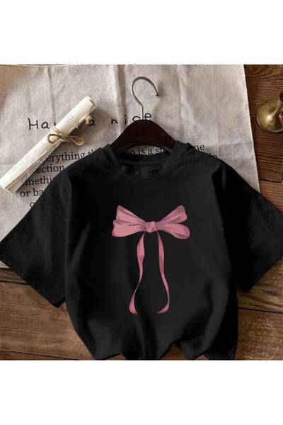 herkesemoda Pink Bow Print Detailed Basic T-Shirt
