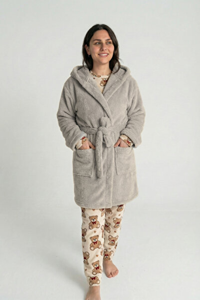 Sevim Халат с качулка Wellsoft и плюшен халат - мек, поларен унисекс халат - сив