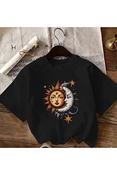 herkesemoda Basic T-Shirt with Moon and Sun Print Detail