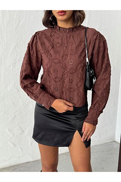 CKM MODA Sofia embroidered d Mock Neck women's blouse - coffee
