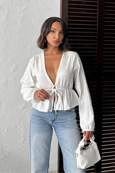 CKM MODA Lioria embroidered tie-up v-neck blouse - cream