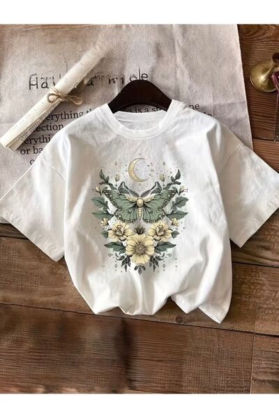 herkesemoda Detaliu cu imprimeu flori de fluture basic tricou