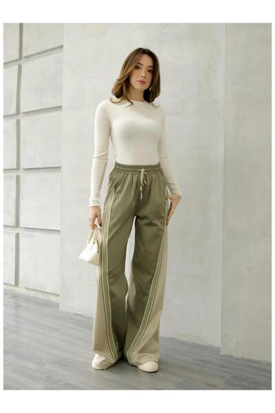 Coral Ribana Detaylı Bol Saten Pantolon Pnt01566 Haki