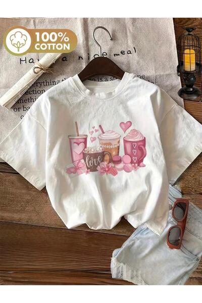 herkesemoda Love Cups Print Detailed Basic T-Shirt