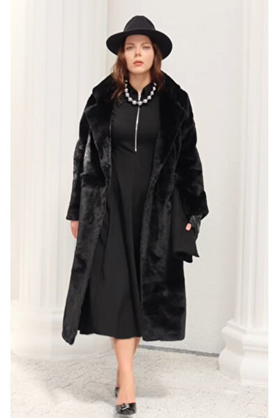 SEEMORE TEKSTİL Kapüşonlu Uzun Pelüş Kürk Dokulu Kaban