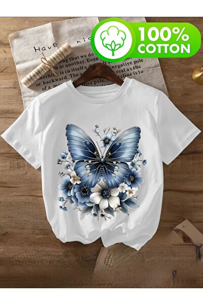 herkesemoda Βασικό T-Shirt με σχέδιο πεταλούδας και τριαντάφυλλα με λεπτομέρε...