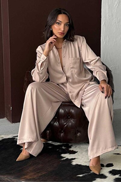 CKM MODA Noir silk satin shirt stone