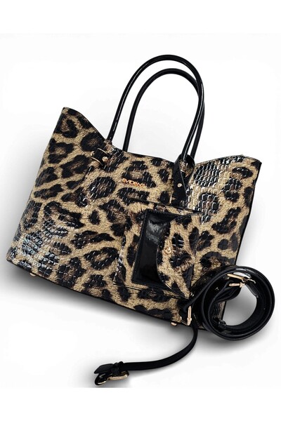Evident Black Patent Leather Printed Leopard Patterned Women's Handbag with W...