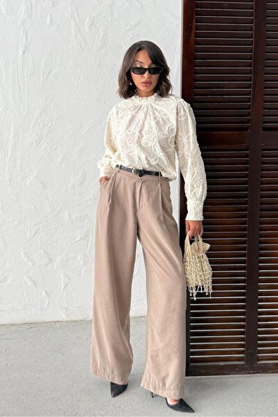 CKM MODA Sofia Embroidered D Mock Neck Women's Blouse Stone