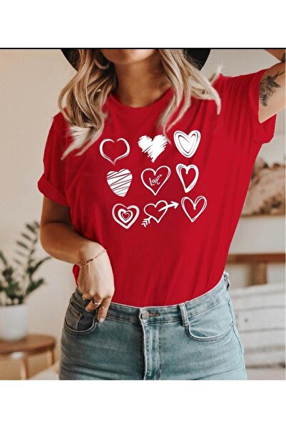 herkesemoda Basic T-Shirt with Heart Print Detail