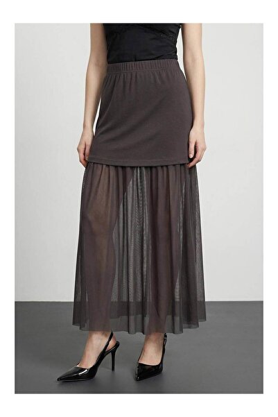 Coral Tül Astarlı Mini Etek Etk01452 Kahve