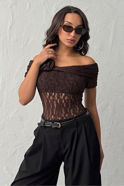 CKM MODA Rosenoir Shoulder Detailed Transparent Lace Blouse Brown