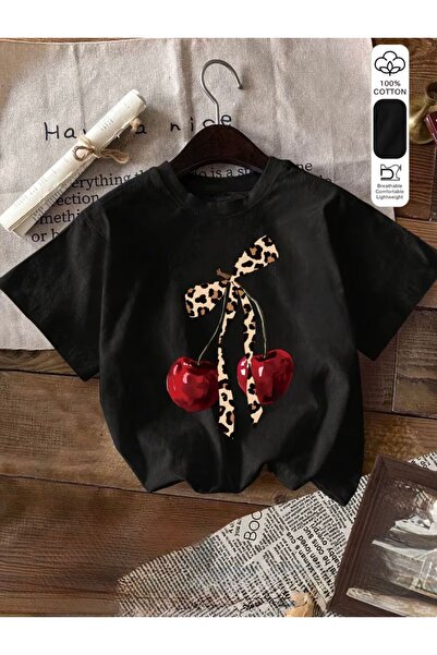 herkesemoda Βασικό T-Shirt με λεπτομέρεια σχέδιου κερασιών