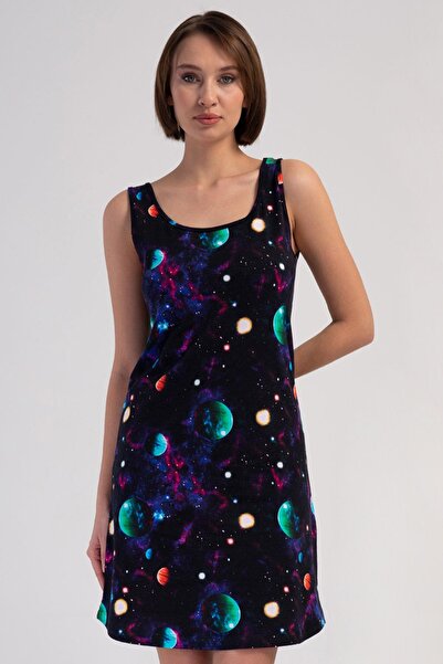 VİENETTA Women's Thick Strap Space Patterned Navy Blue Nightgown Tunic C1T6N3804