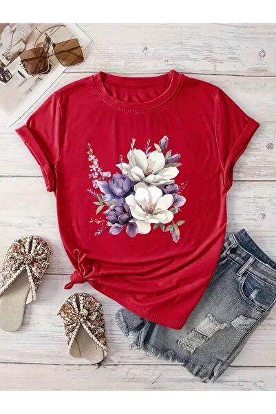 herkesemoda Basic T-Shirt with Floral Print Detail