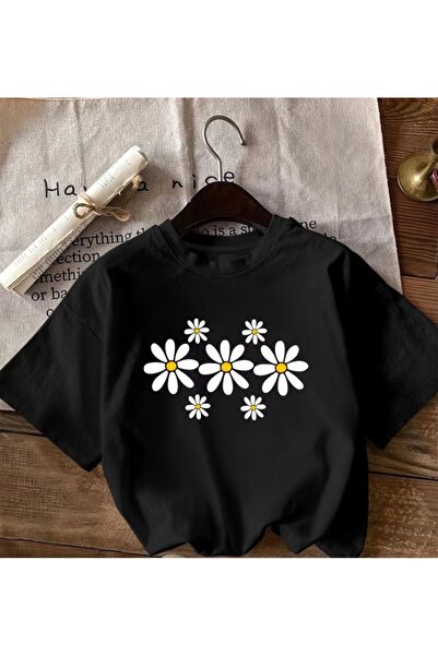 herkesemoda Daisies Print Detailed Basic T-Shirt