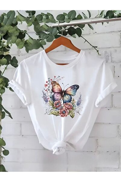 herkesemoda Βασικό T-Shirt με λεπτομέρεια εκτύπωσης πεταλούδας και φεγγαριού