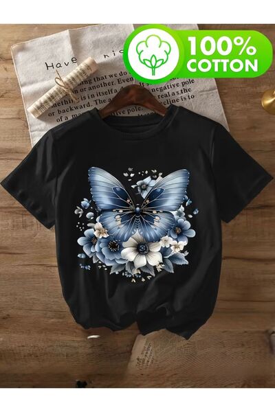 herkesemoda Βασικό T-Shirt με σχέδιο πεταλούδας και τριαντάφυλλα με λεπτομέρε...