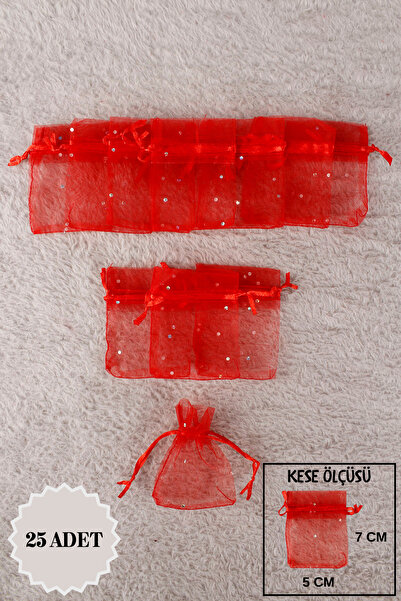 Mortex Kırmızı Pul Baskılı Tül Kese 25 Adet 5x7 Cm Kına, Çerez, Kuruyemiş, He...