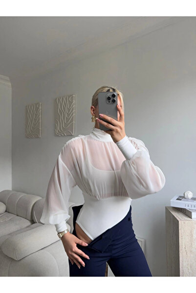 Zora Butik Sırt Dekolteli Şifon Bodysuit - BEYAZ
