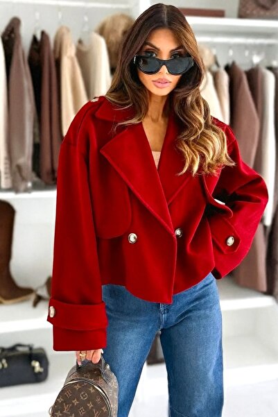 FashionForYou Vespera short fleece coat, with lapels and buttons, Red, Size S/M