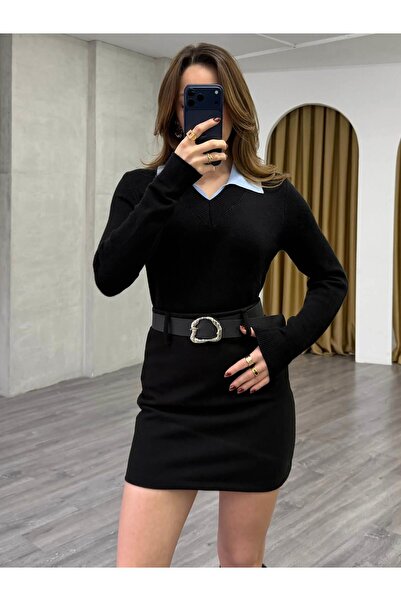 Coral Yakası Renk Detaylı Kazak 7699 Siyah