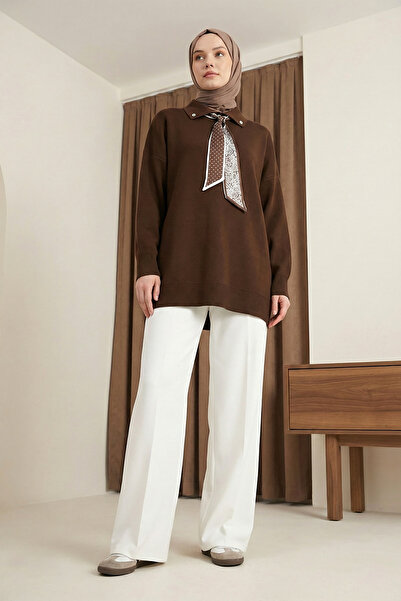 MODAQU Scarf Polo Collar Knitwear Tunic - Brown