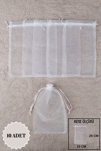 Mortex Beyaz Pul Baskılı Tül Kese 10 Adet 15x25 Cm Kına, Havlu, Düğün Çeyiz H...