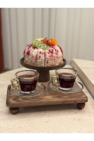 Wood Atölye İkili Set 21 cm Pasta Stantı 17x30cm top ayaklı sunumluk Ahşap çe...