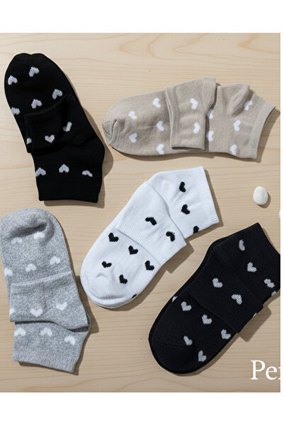 peru moda 5 Çift 4 Mevsimlik Kadın Kalp Desenli Patik Çorap Seti
