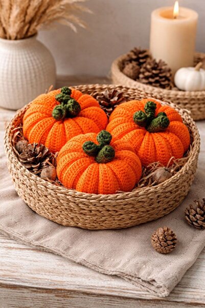 atölye +1 El Örgüsü Balkabağı 3'lü Büyük Boy Sonbahar Teması Bohem Tarz/ sepe...