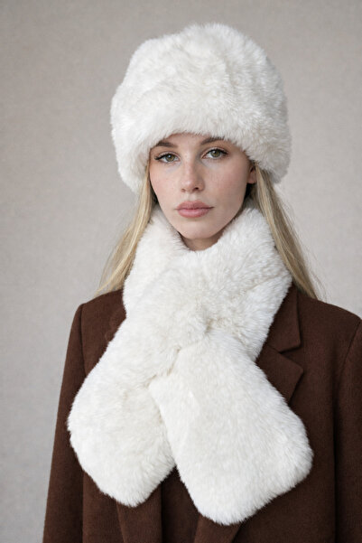 Şirin Giyim Aksesuar Hat and Scarf White 2-Piece Set Plush Set - Hat Neck Col...