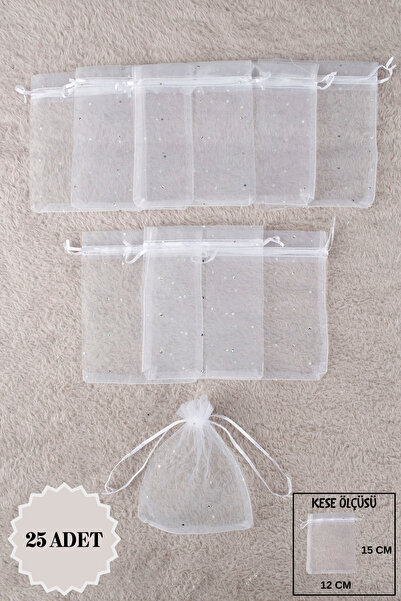 Mortex Beyaz Pul Baskılı Tül Kese 25 Adet 12x15 Cm Kına, Çerez, Kuruyemiş, He...