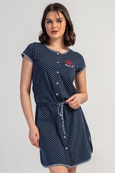 VİENETTA Women's Front Buttoned Short Sleeve Polka Dot Navy Blue Nightgown Tu...