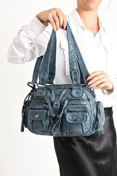 DUOMİNO Washed Leather Black Multi-Compartment Crossbody and Shoulder Bag / S...